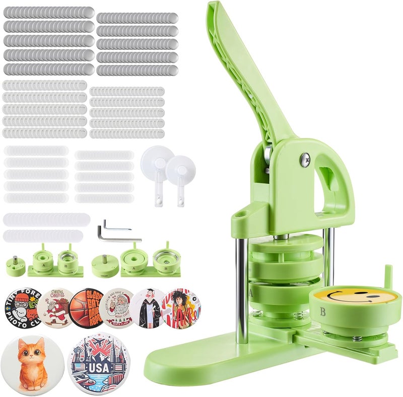 VEVOR Button Maker Machine, 1.25/2.25 inch 2-in-1, Plastic Pin Maker with 200 pcs Button Parts, Circle Cutter and Magic Book, Reinforced Ergonomic Handle, for DIY Badges, Personalized Pins, Green - Image 1